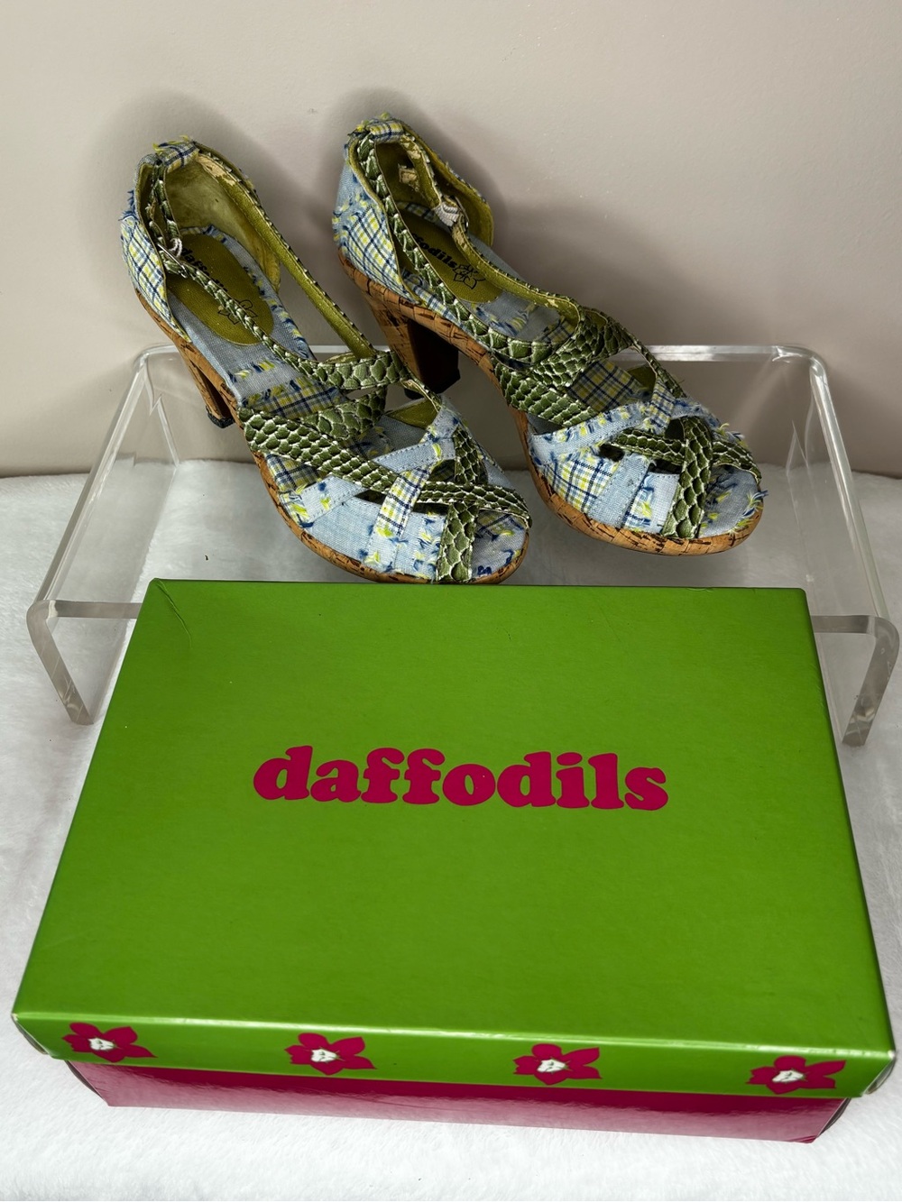 Daffodils Green Plaid Braided Peep-Toe Heels